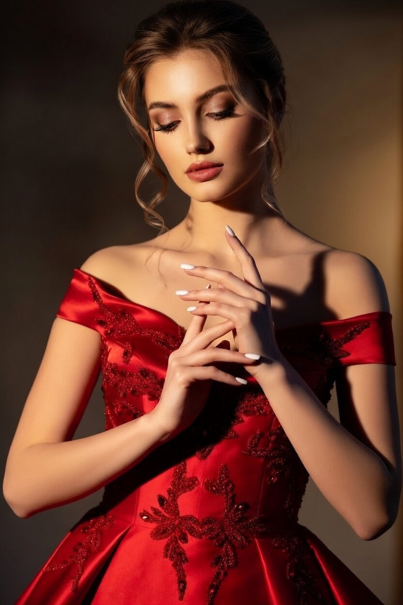 Moteris su raudona suknele ir elegantišku manikiūru, nagai prie raudonos suknelės