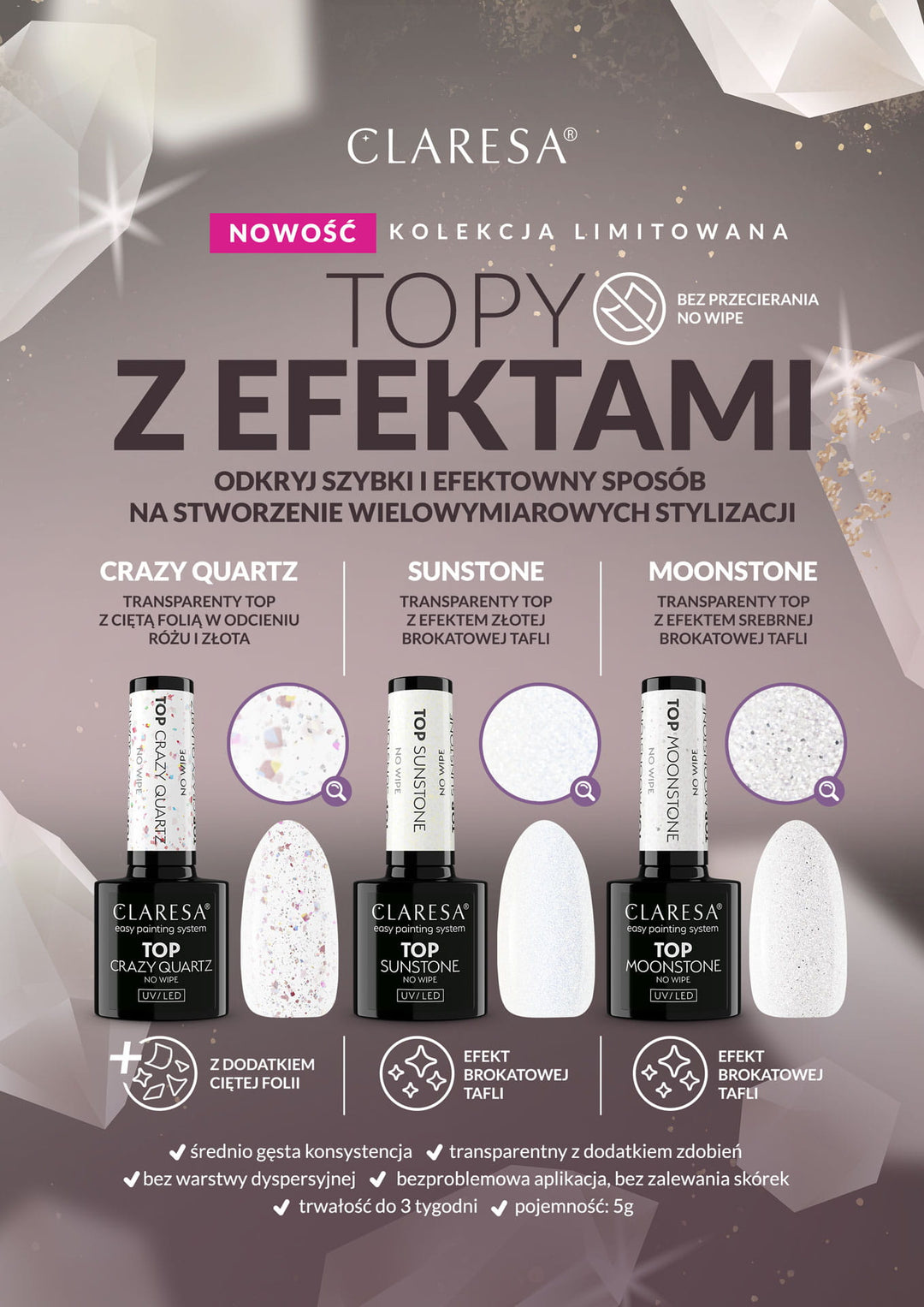 Gelinio lako viršutinis sluoksnis CLARESA Top CRAZY QUARTZ