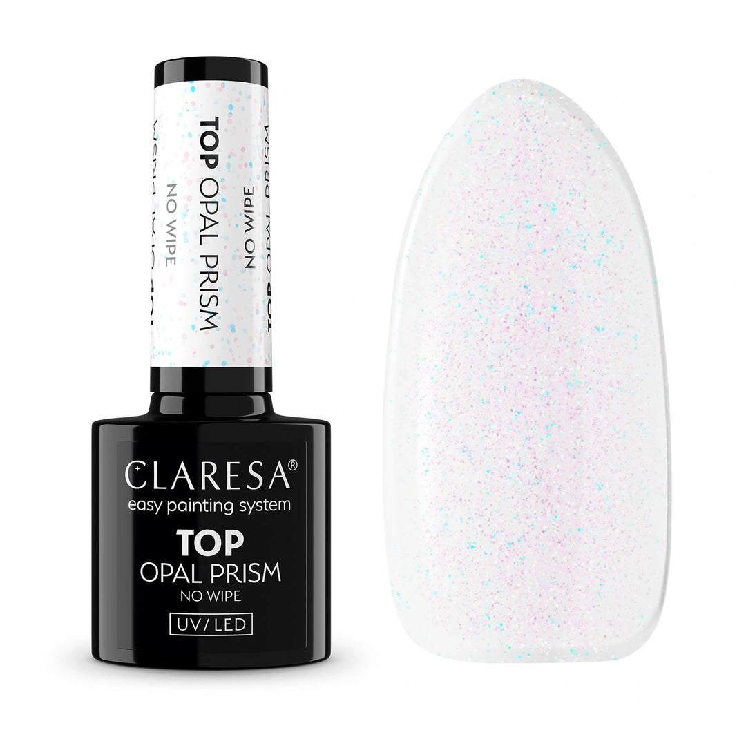Claresa Top No Wipe Opal Prism 5 g – gelinio lako viršutinis sluoksnis su opalizuojančiais blizgučiais 4Mass