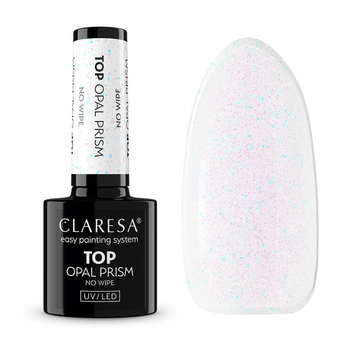 Claresa Top No Wipe Opal Prism 5 g – gelinio lako viršutinis sluoksnis su opalizuojančiais blizgučiais 4Mass