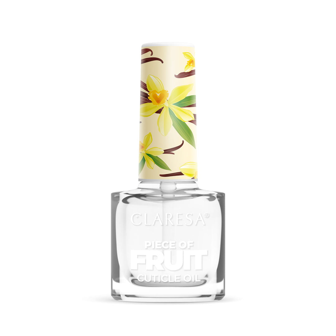 Nagų ir odelių aliejukas CLARESA FRUIT VANILLA 5 ml baltame fone