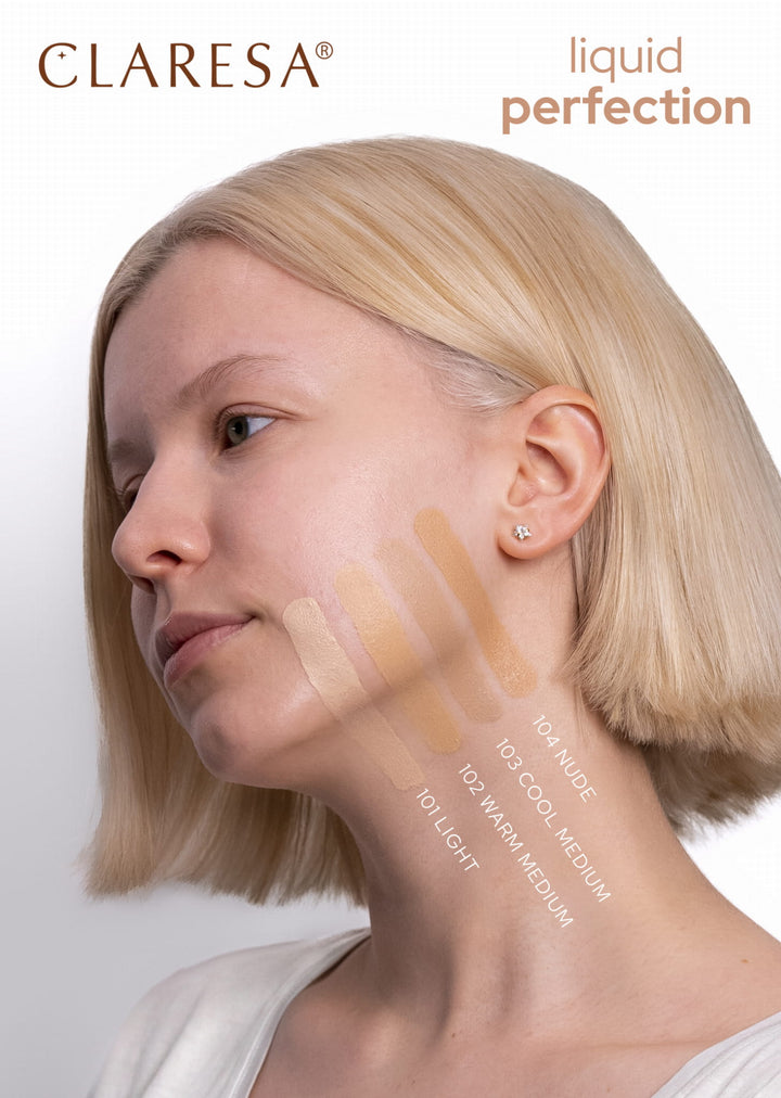 CLARESA 2in1 skystas maskuoklis ir pudra LIQUID PERFECTION 104 NUDE, 34 g 4Mass