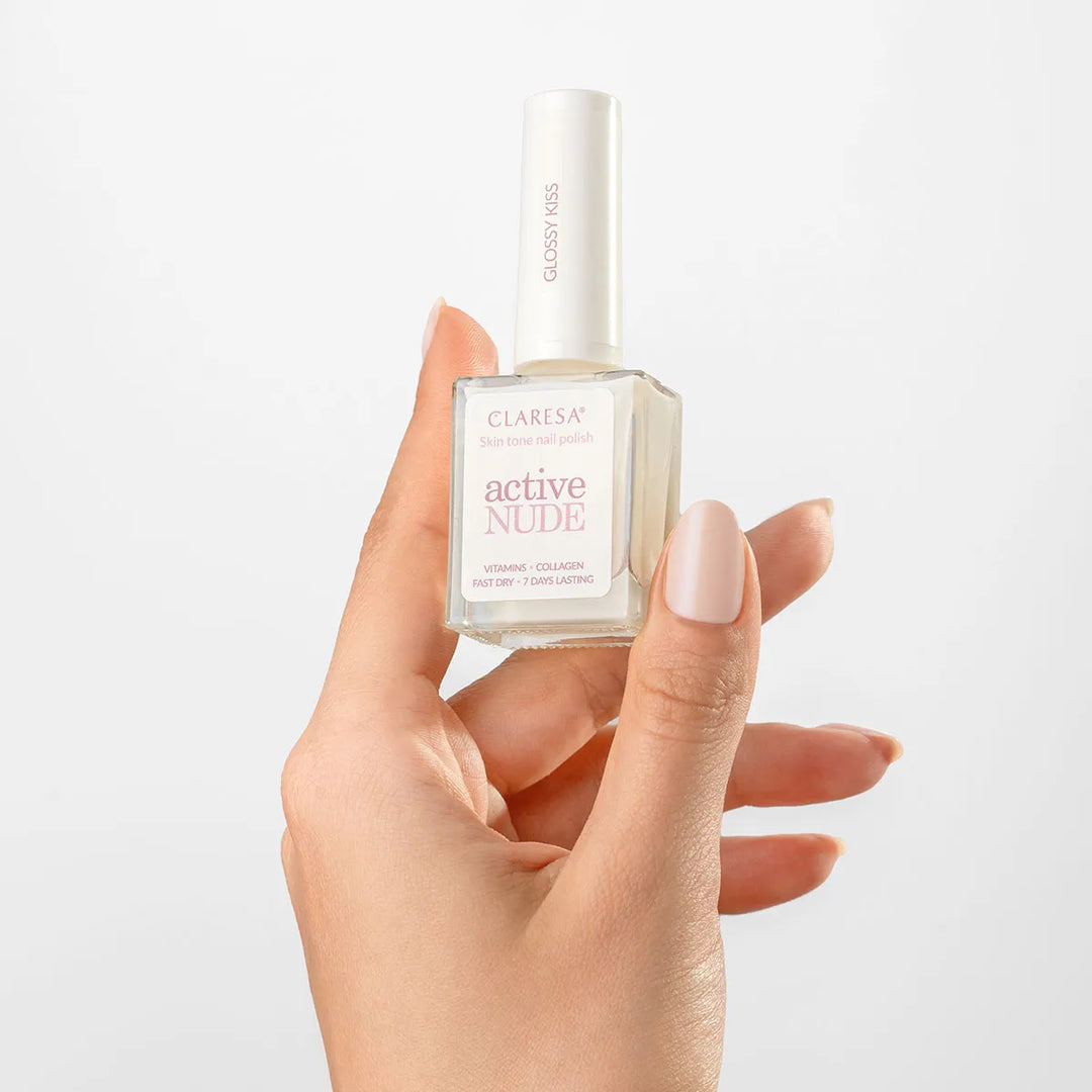 Claresa Active Nude Glossy Kiss – nagų lakas su kolagenu ir vitaminais 9,5 ml 4Mass