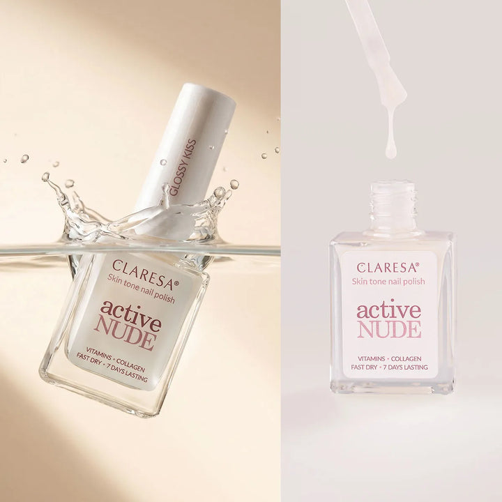 Claresa Active Nude Glossy Kiss – nagų lakas su kolagenu ir vitaminais 9,5 ml 4Mass
