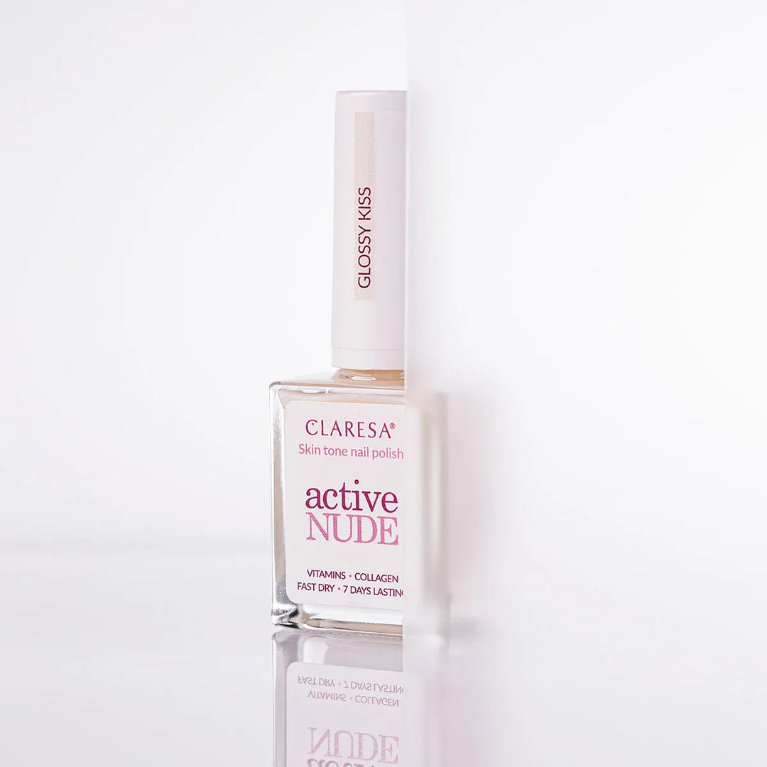 Claresa Active Nude Glossy Kiss – nagų lakas su kolagenu ir vitaminais 9,5 ml 4Mass