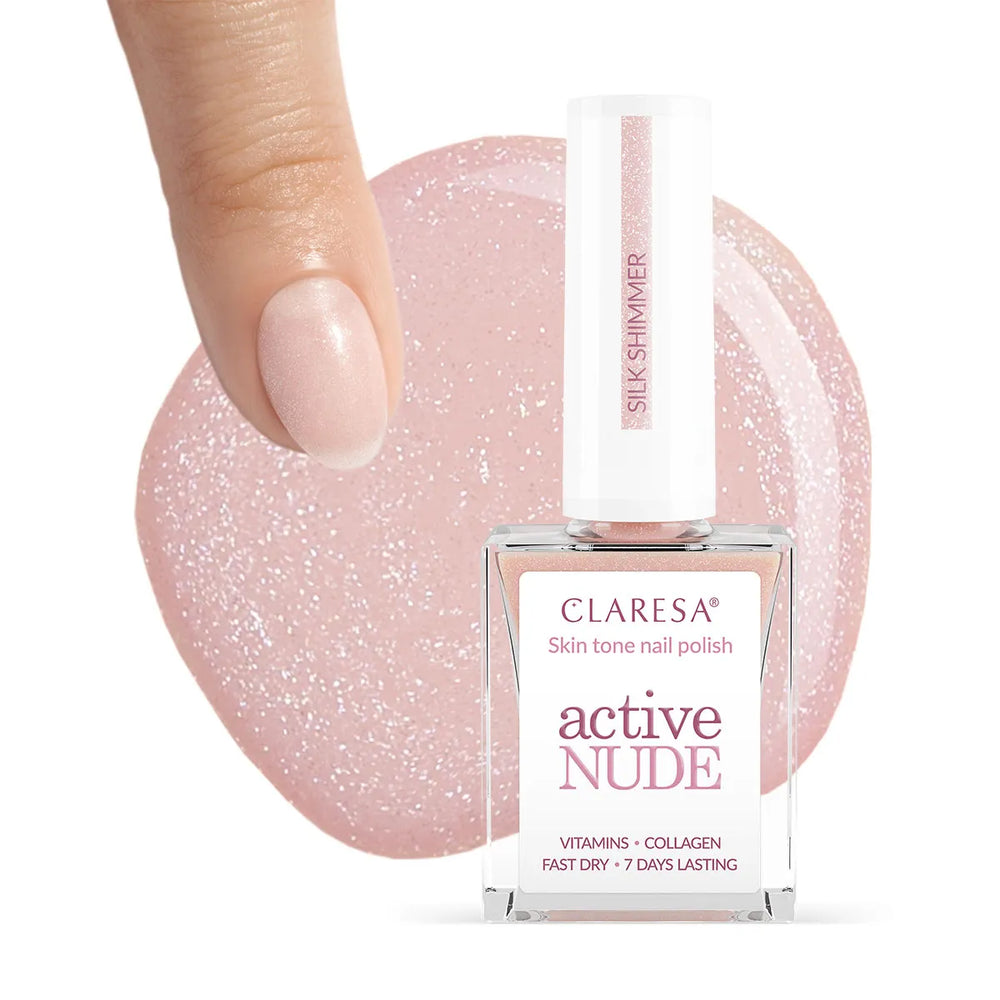 Claresa Active Nude Silk Shimmer – nagų lakas su kolagenu ir vitaminais 9,5 ml 4Mass