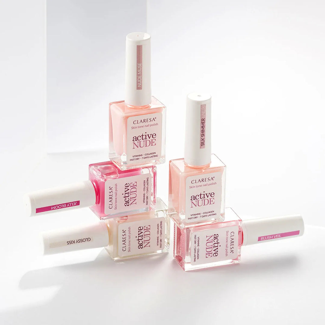 Claresa Active Nude Silk Shimmer – nagų lakas su kolagenu ir vitaminais 9,5 ml 4Mass