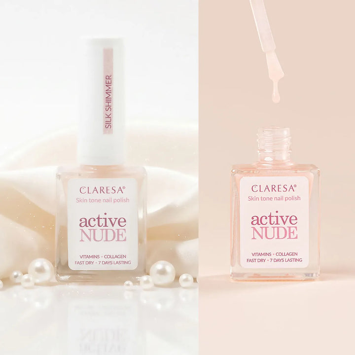 Claresa Active Nude Silk Shimmer – nagų lakas su kolagenu ir vitaminais 9,5 ml 4Mass
