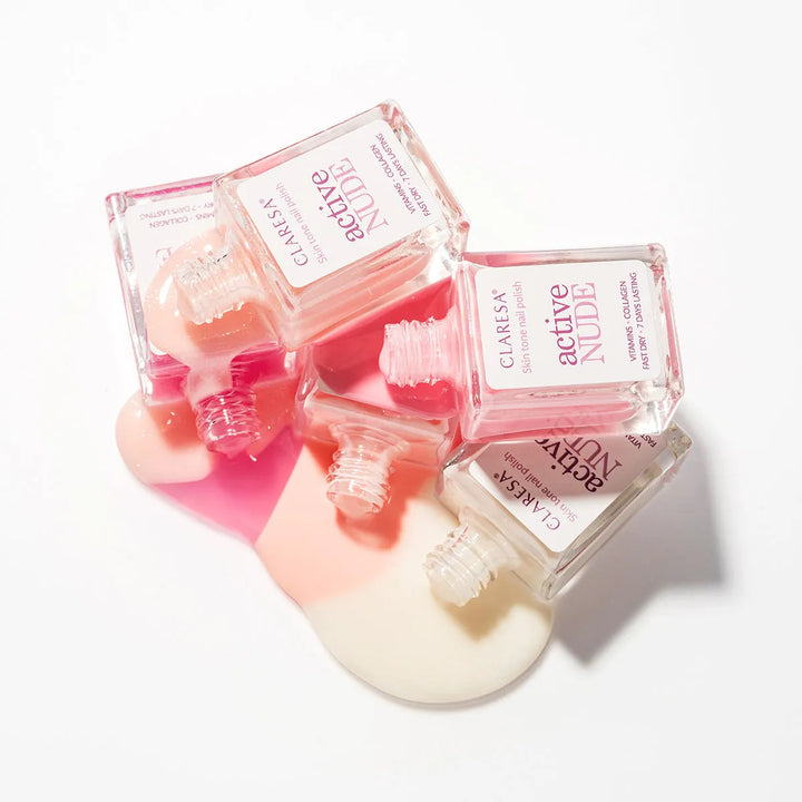 Claresa Active Nude Silk Shimmer – nagų lakas su kolagenu ir vitaminais 9,5 ml 4Mass