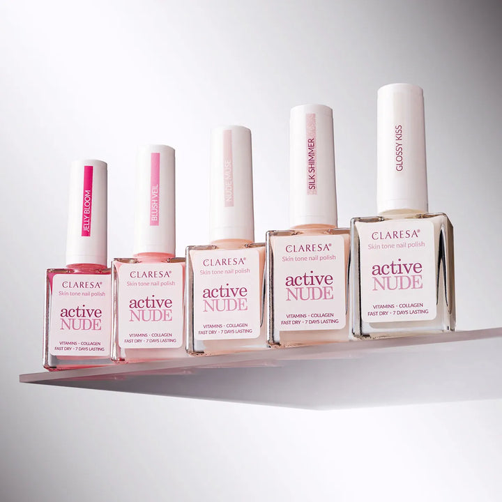 Claresa Active Nude Silk Shimmer – nagų lakas su kolagenu ir vitaminais 9,5 ml 4Mass