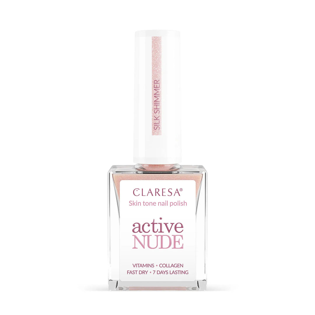 Claresa Active Nude Silk Shimmer – nagų lakas su kolagenu ir vitaminais 9,5 ml 4Mass