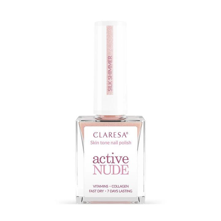 Claresa Active Nude Silk Shimmer – nagų lakas su kolagenu ir vitaminais 9,5 ml 4Mass