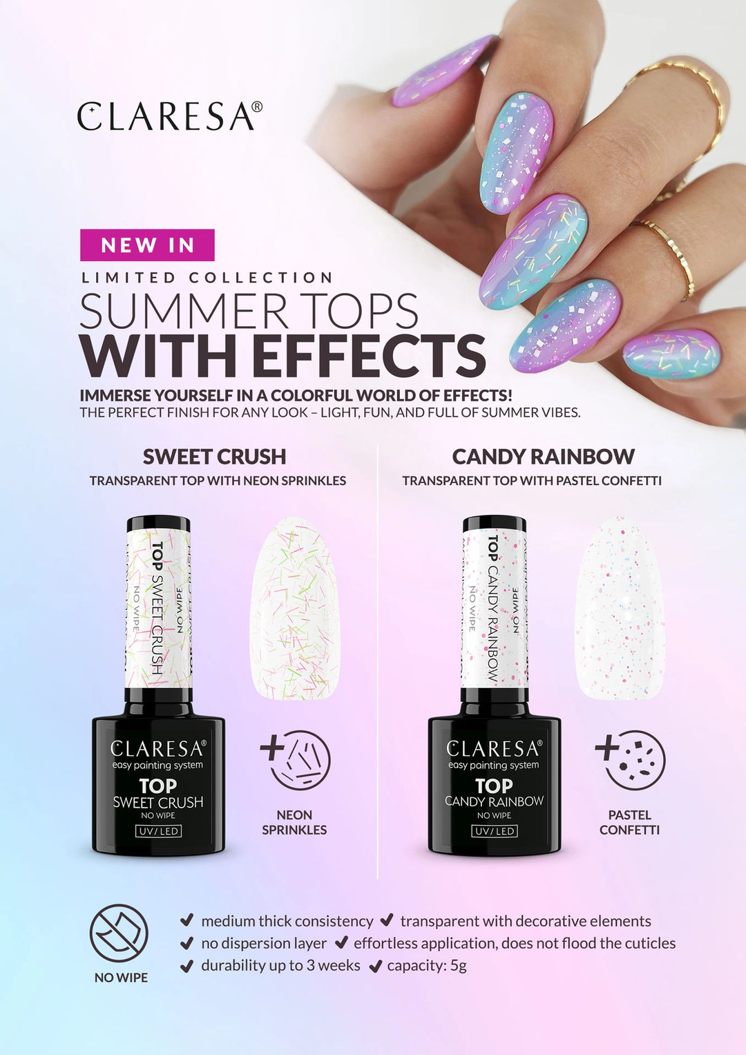Gelinio lako viršutinis sluoksnis CLARESA Top CANDY RAINBOW 4Mass