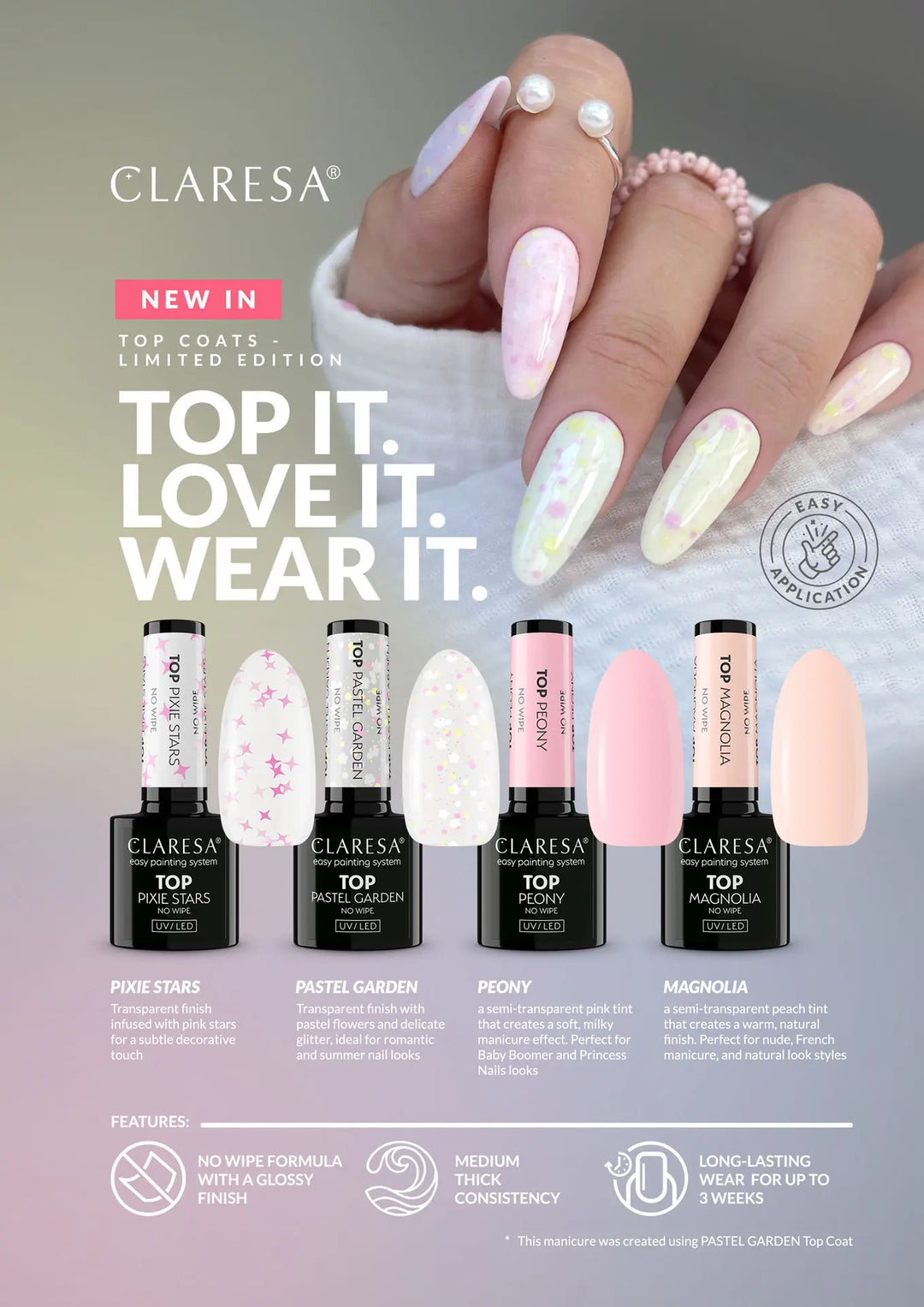 Claresa Top No Wipe Pastel Garden – gelinio lako viršutinis sluoksnis be lipnumo 4Mass