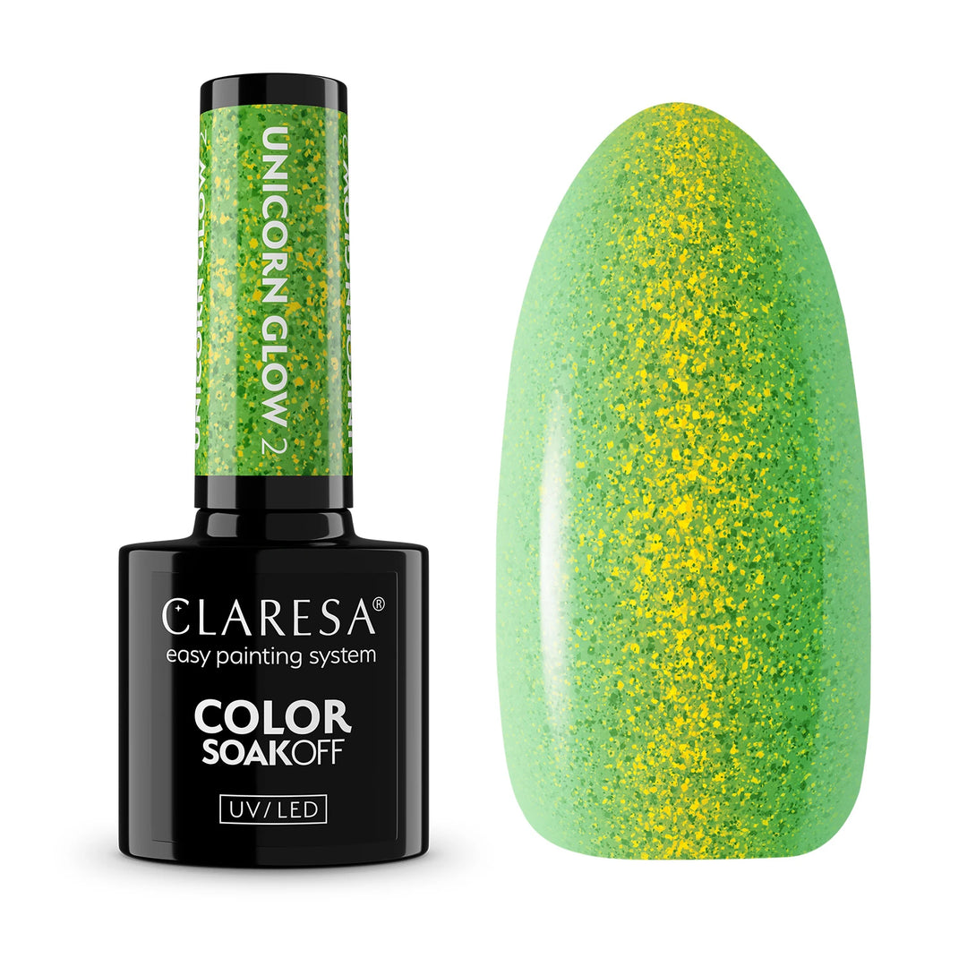 Gelinis lakas CLARESA Unicorn Glow 2 – spindintis žalias atspalvis buteliuke