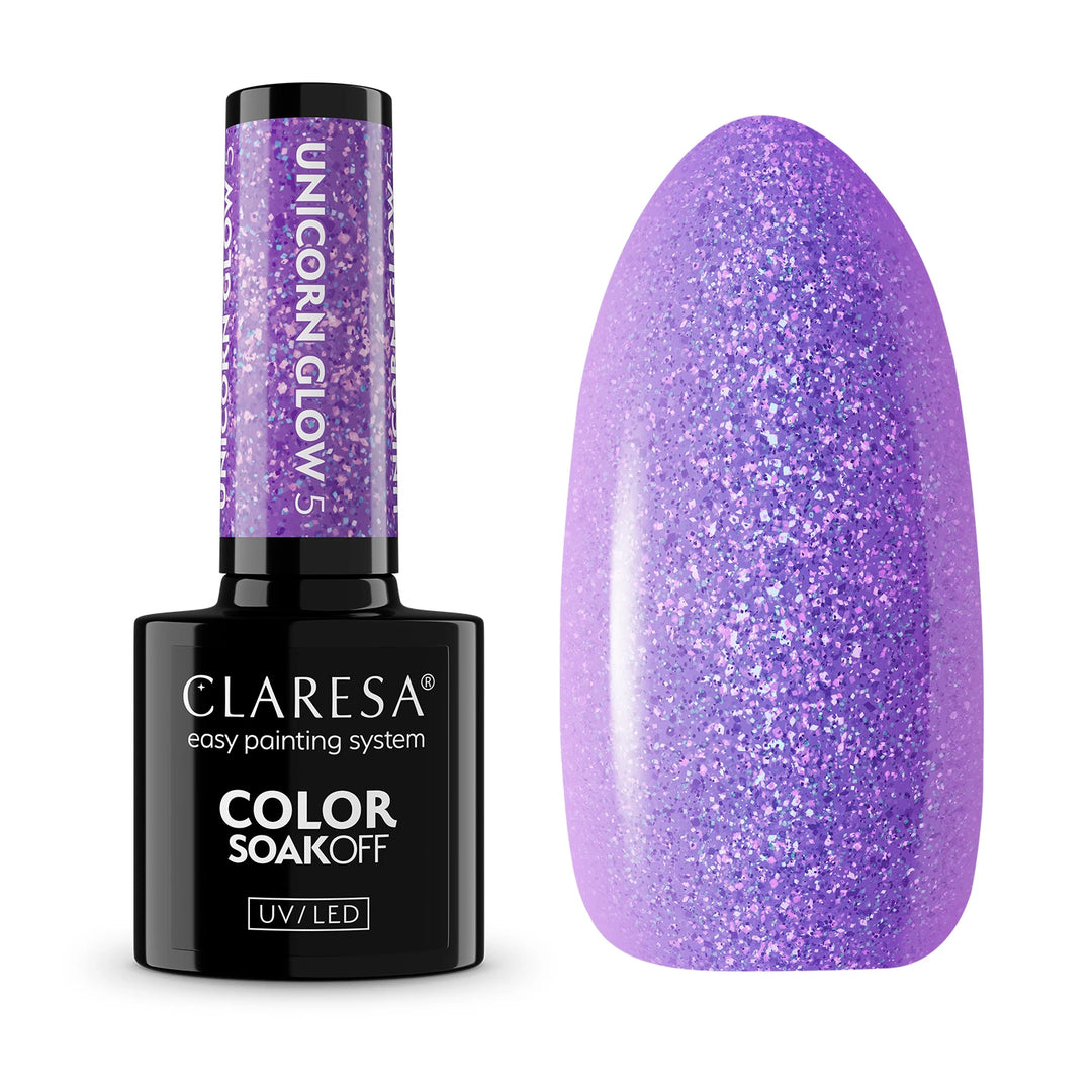 Gelinis lakas CLARESA Unicorn Glow 5 – spindintis violetinis atspalvis buteliuke