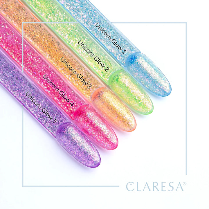 CLARESA geliniai lakai – įvairių Unicorn Glow spalvų kolekcija ant paletės