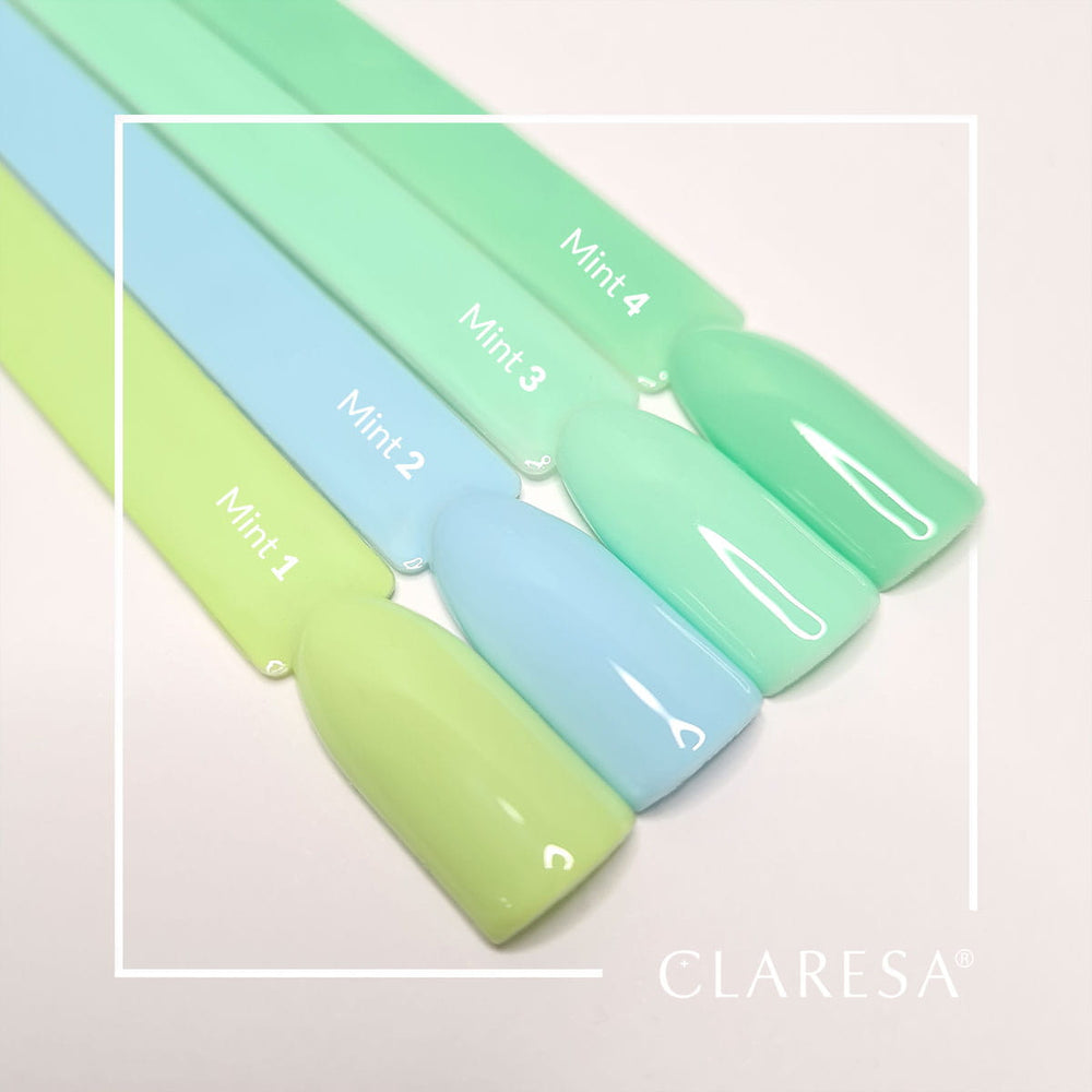 Gelinis lakas CLARESA MINT spalvų  paletė pilkame fone