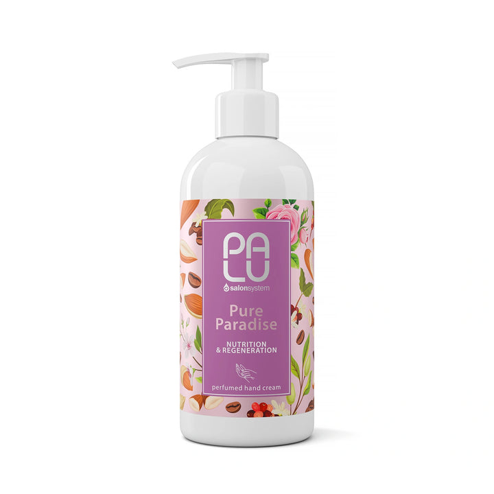 DRĖKINANTIS IR REGENERUOJANTIS RANKŲ KREMAS PALU PURE PARADISE 280G, baltame fone