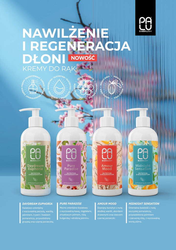 "Euforija prekės ženklo drėkinamieji rankų kremai: 'Daydream Euphoria', 'Pure Paradise', 'Amour Mood' ir 'Midnight Sensation' balti buteliukai su spalvotais akcentais. Fonas – mėlynas su gėlių motyvais."